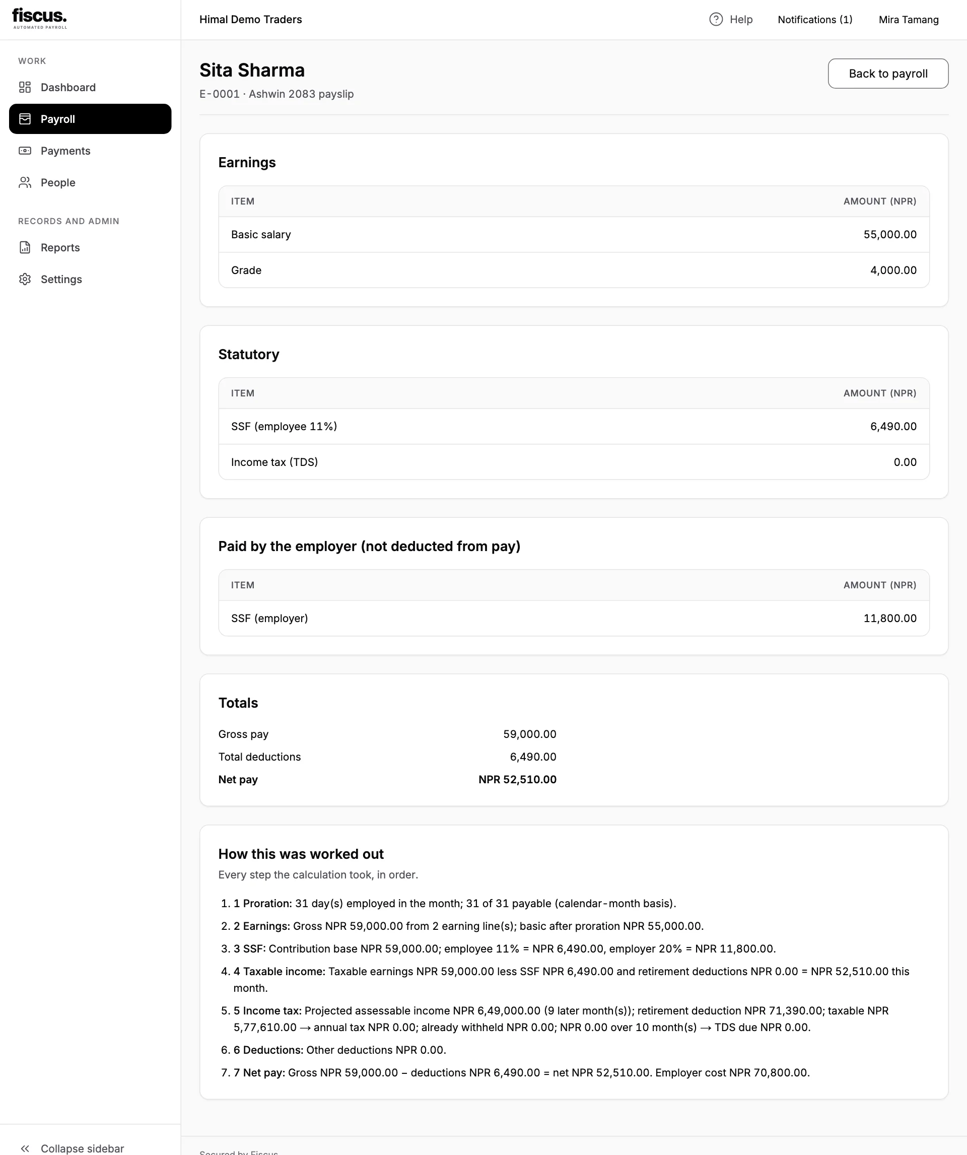 A Fiscus payslip with a full step-by-step calculation trace
