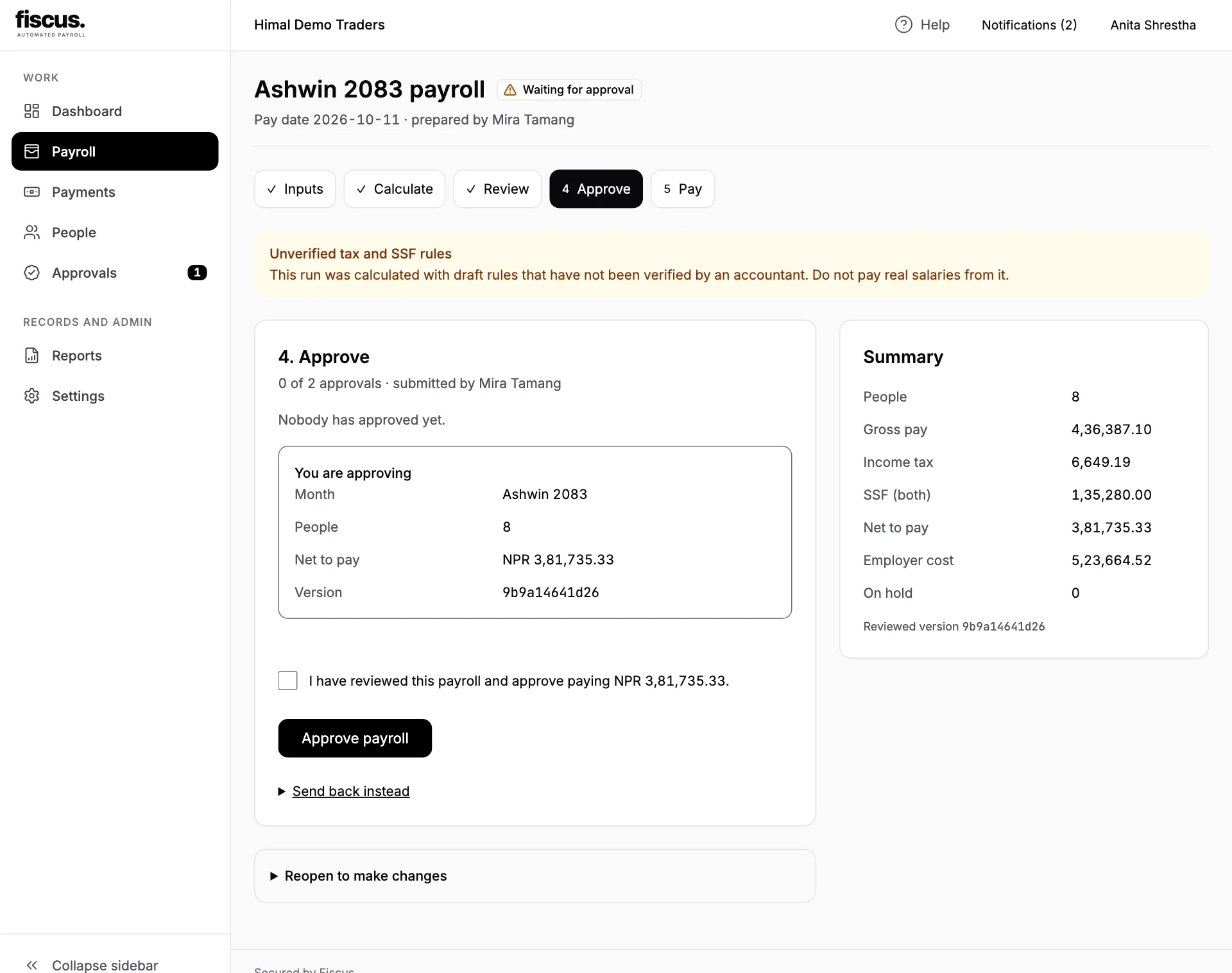 Fiscus approval screen showing the five-stage payroll pipeline and a version fingerprint