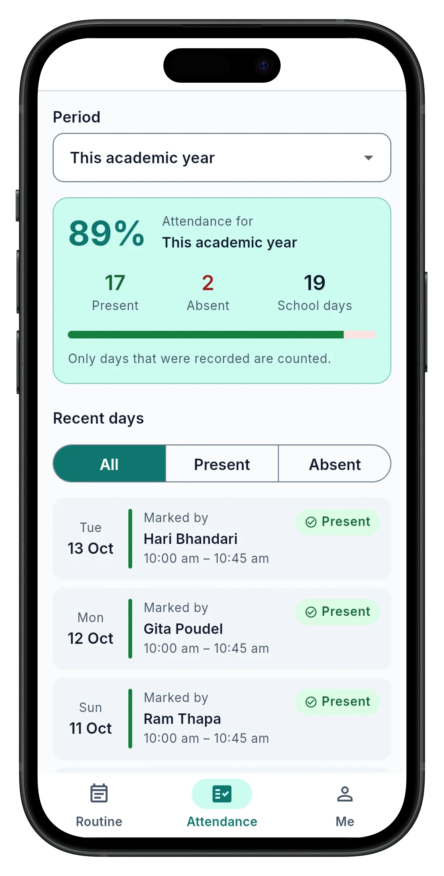 A parent's attendance summary in Hajiri, showing the academic year's percentage and recent days