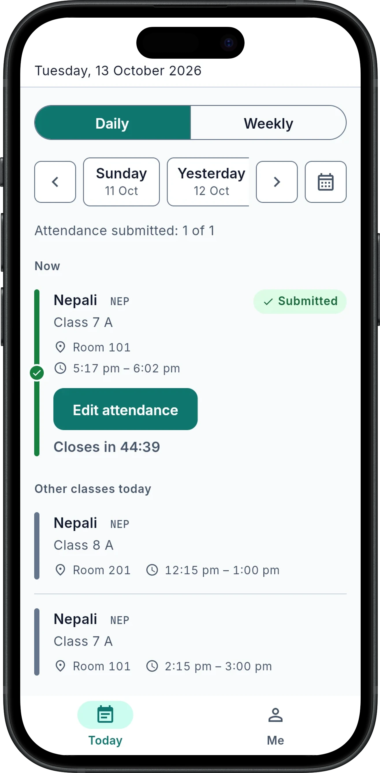 Hajiri's Today screen, showing a teacher's open class with a live countdown, on a phone