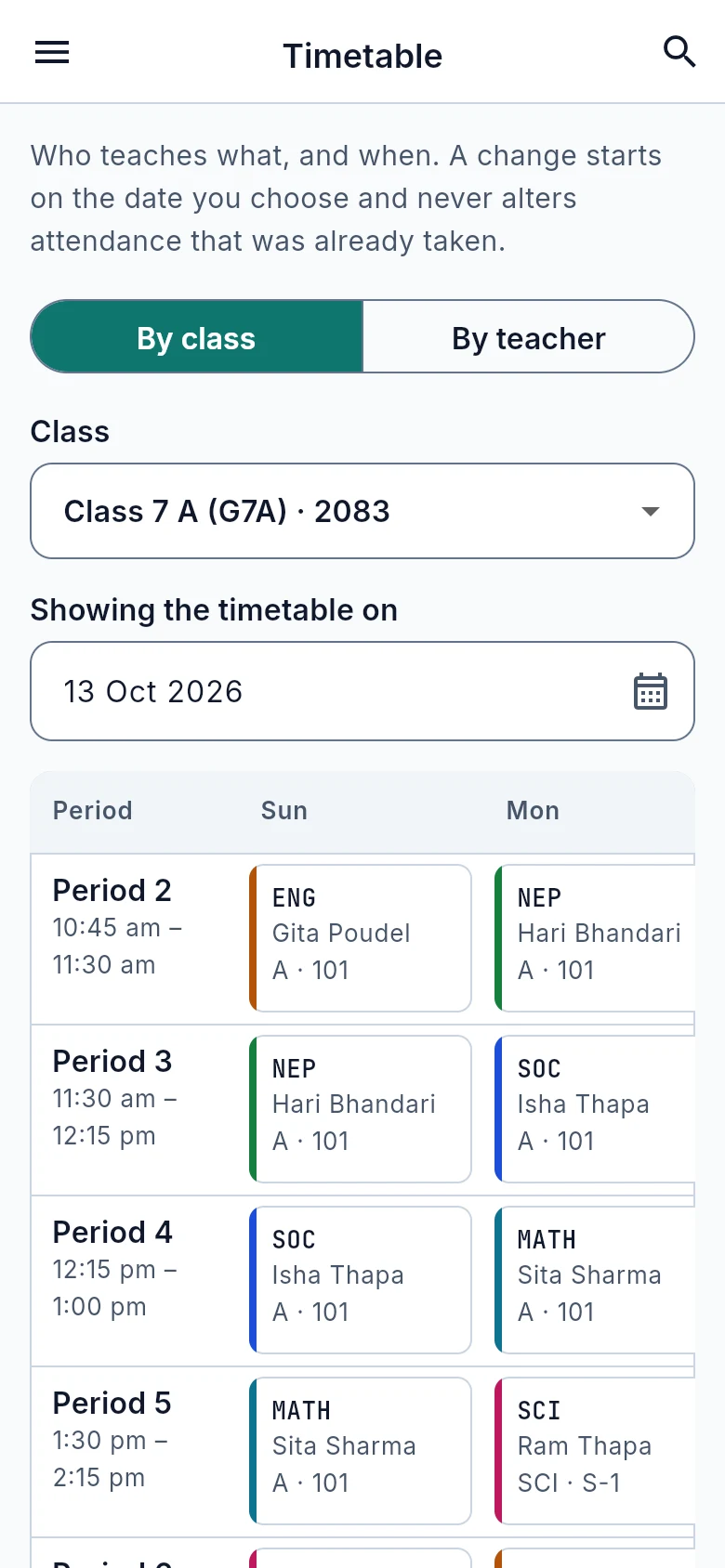 The Hajiri timetable grid for a class, by period and by day
