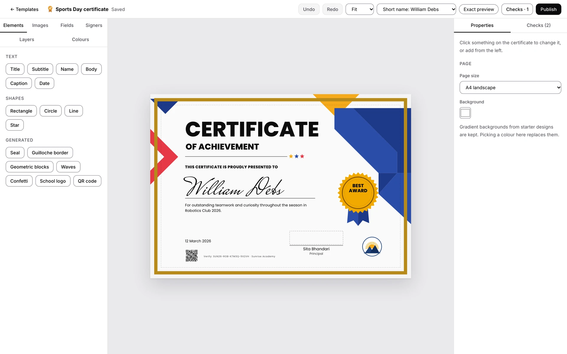 The myCertificate template editor, dragging and resizing elements on a certificate design with snapping guides