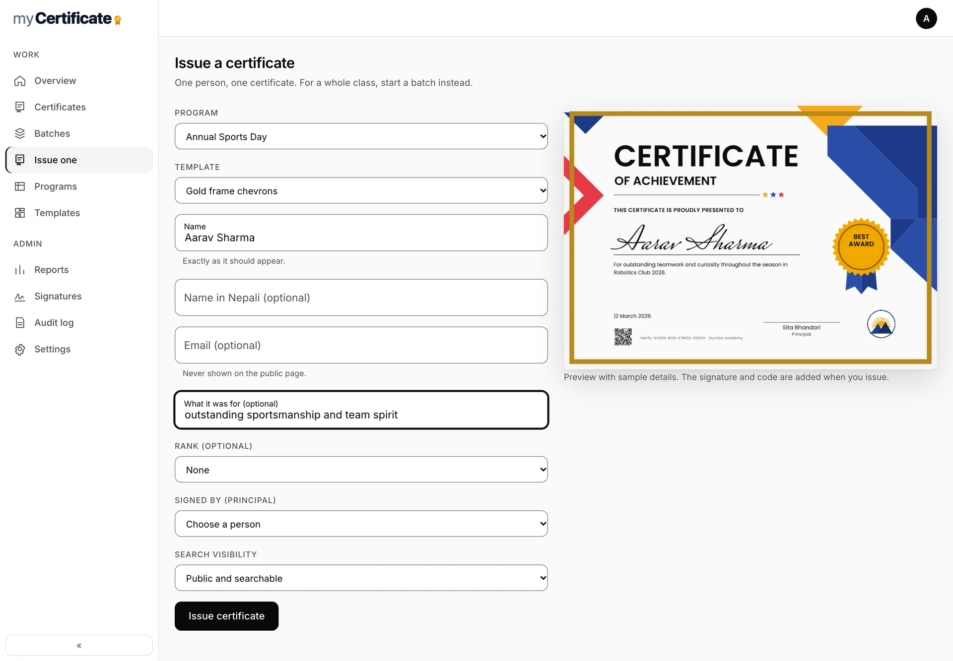 Issuing a single certificate in myCertificate, with a live preview updating as the name is typed