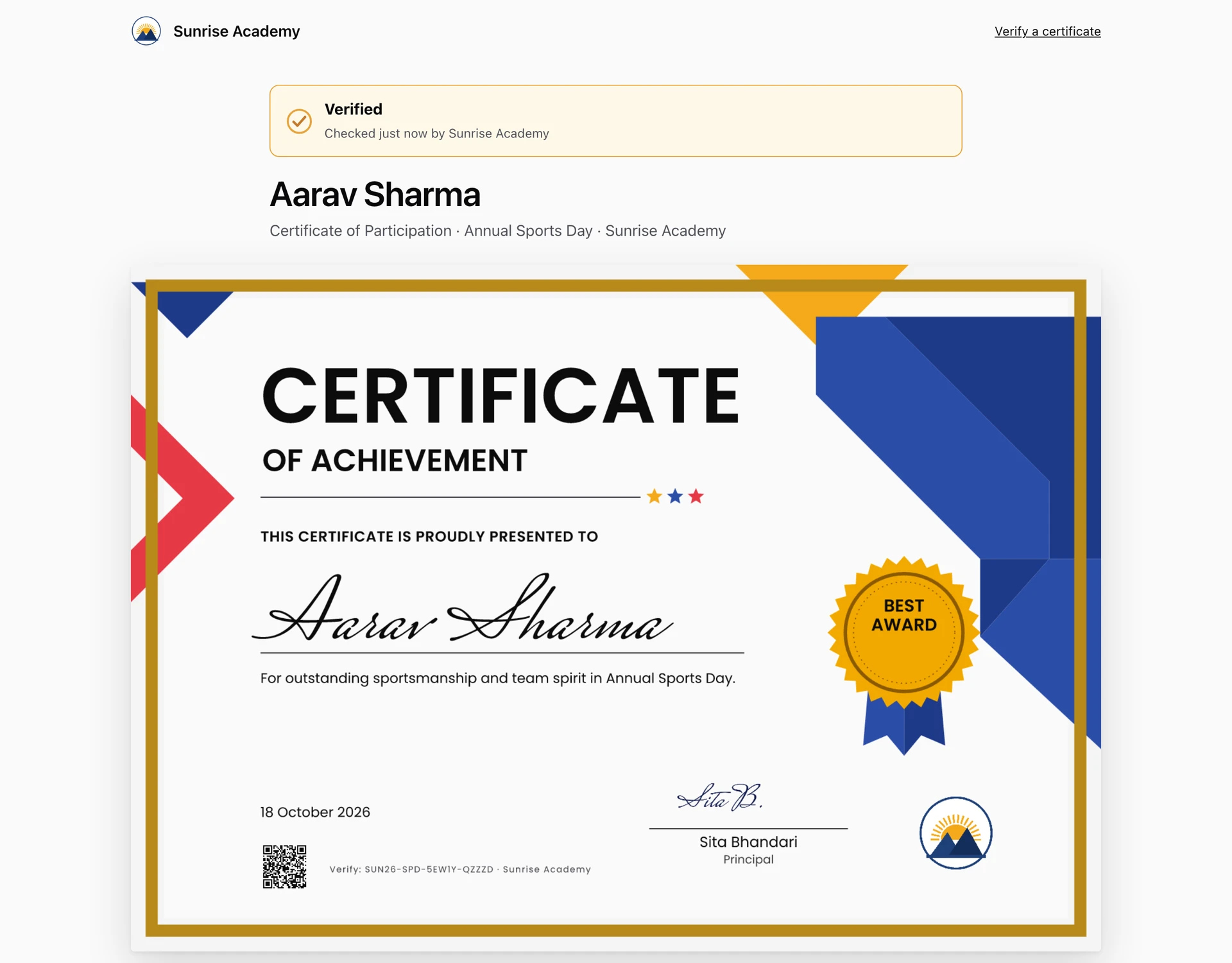 The public verification page for a myCertificate certificate, showing it is verified and who issued it